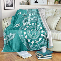 Cook Islands Blanket Teal Hibiscus And Stars LT05 Teal - Polynesian Pride