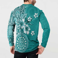 Cook Islands Button Sweatshirt Teal Hibiscus And Stars LT05 - Polynesian Pride