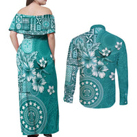 Cook Islands Couples Matching Off Shoulder Maxi Dress and Long Sleeve Button Shirt Teal Hibiscus And Stars LT05 - Polynesian Pride