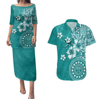 Cook Islands Couples Matching Puletasi and Hawaiian Shirt Teal Hibiscus And Stars LT05 Teal - Polynesian Pride