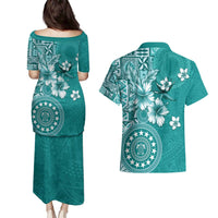 Cook Islands Couples Matching Puletasi and Hawaiian Shirt Teal Hibiscus And Stars LT05 - Polynesian Pride