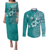 Cook Islands Couples Matching Puletasi and Long Sleeve Button Shirt Teal Hibiscus And Stars LT05 Teal - Polynesian Pride