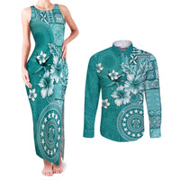 Cook Islands Couples Matching Tank Maxi Dress and Long Sleeve Button Shirt Teal Hibiscus And Stars LT05 Teal - Polynesian Pride