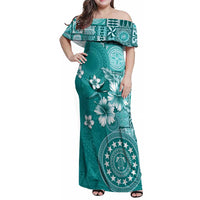 Cook Islands Family Matching Off Shoulder Maxi Dress and Hawaiian Shirt Teal Hibiscus And Stars