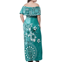 Cook Islands Family Matching Off Shoulder Maxi Dress and Hawaiian Shirt Teal Hibiscus And Stars