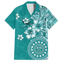 Cook Islands Family Matching Off Shoulder Short Dress and Hawaiian Shirt Teal Hibiscus And Stars
