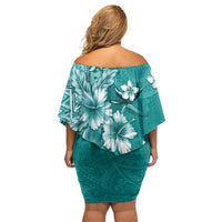 Cook Islands Family Matching Off Shoulder Short Dress and Hawaiian Shirt Teal Hibiscus And Stars