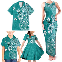 Cook Islands Family Matching Tank Maxi Dress and Hawaiian Shirt Teal Hibiscus And Stars