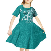 Cook Islands Kid Short Sleeve Dress Teal Hibiscus And Stars