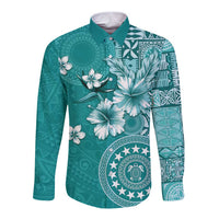 Cook Islands Long Sleeve Button Shirt Teal Hibiscus And Stars LT05 Unisex Teal - Polynesian Pride