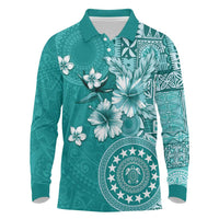 Cook Islands Long Sleeve Polo Shirt Teal Hibiscus And Stars