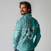 Cook Islands Long Sleeve Polo Shirt Teal Hibiscus And Stars