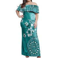 Cook Islands Off Shoulder Maxi Dress Teal Hibiscus And Stars LT05 Women Teal - Polynesian Pride