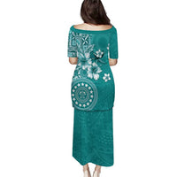 Cook Islands Puletasi Teal Hibiscus And Stars LT05 - Polynesian Pride