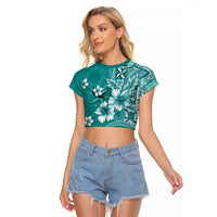 Cook Islands Raglan Cropped T Shirt Teal Hibiscus And Stars LT05 Female Teal - Polynesian Pride