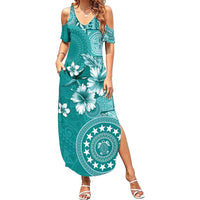 Cook Islands Summer Maxi Dress Teal Hibiscus And Stars LT05 Women Teal - Polynesian Pride