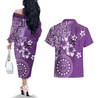 Cook Islands Couples Matching Off The Shoulder Long Sleeve Dress and Hawaiian Shirt Purple Hibiscus And Stars