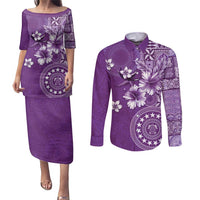 Cook Islands Couples Matching Puletasi and Long Sleeve Button Shirt Purple Hibiscus And Stars LT05 Purple - Polynesian Pride