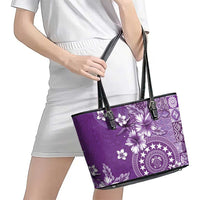 Cook Islands Leather Tote Bag Purple Hibiscus And Stars