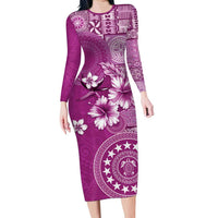 Cook Islands Long Sleeve Bodycon Dress Fandango Hibiscus And Stars LT05 Long Dress Fandango - Polynesian Pride
