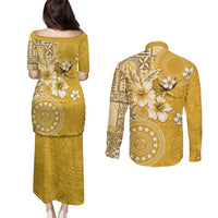 Cook Islands Couples Matching Puletasi and Long Sleeve Button Shirt Yellow Hibiscus And Stars LT05 - Polynesian Pride