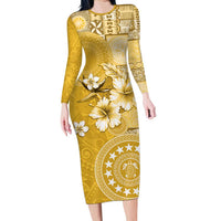 Cook Islands Family Matching Long Sleeve Bodycon Dress and Hawaiian Shirt Yellow Hibiscus And Stars
