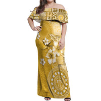 Cook Islands Off Shoulder Maxi Dress Yellow Hibiscus And Stars LT05 Women Yellow - Polynesian Pride