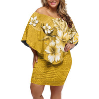 Cook Islands Off Shoulder Short Dress Yellow Hibiscus And Stars LT05 Women Yellow - Polynesian Pride
