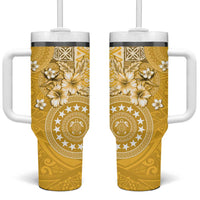 Cook Islands Tumbler With Handle Yellow Hibiscus And Stars LT05 One Size: 40 oz Yellow - Polynesian Pride