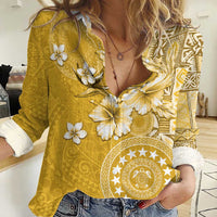 Cook Islands Women Casual Shirt Yellow Hibiscus And Stars
