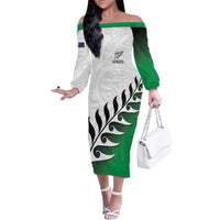 Custom New Zealand Football Family Matching Off The Shoulder Long Sleeve Dress and Hawaiian Shirt Go Aotearoa