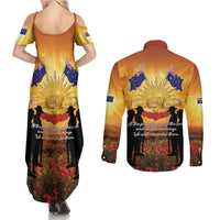 ANZAC Day Couples Matching Summer Maxi Dress and Long Sleeve Button Shirt Remembrance Tribute Soldiers And Poppy Field