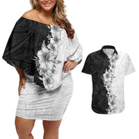 Hawaii Hibiscus Flowers Couples Matching Off Shoulder Short Dress and Hawaiian Shirt Grayscale Polynesian Pattern LT05 Black - Polynesian Pride