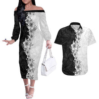 Hawaii Hibiscus Flowers Couples Matching Off The Shoulder Long Sleeve Dress and Hawaiian Shirt Grayscale Polynesian Pattern LT05 Black - Polynesian Pride