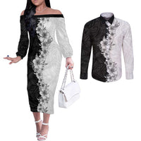 Hawaii Hibiscus Flowers Couples Matching Off The Shoulder Long Sleeve Dress and Long Sleeve Button Shirt Grayscale Polynesian Pattern LT05 Black - Polynesian Pride