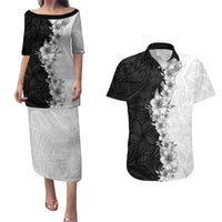 Hawaii Hibiscus Flowers Couples Matching Puletasi and Hawaiian Shirt Grayscale Polynesian Pattern
