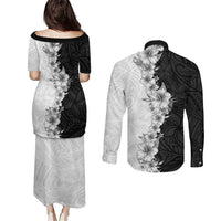 Hawaii Hibiscus Flowers Couples Matching Puletasi and Long Sleeve Button Shirt Grayscale Polynesian Pattern LT05 - Polynesian Pride
