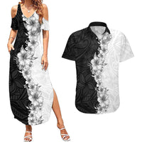 Hawaii Hibiscus Flowers Couples Matching Summer Maxi Dress and Hawaiian Shirt Grayscale Polynesian Pattern LT05 Black - Polynesian Pride