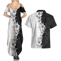 Hawaii Hibiscus Flowers Couples Matching Summer Maxi Dress and Hawaiian Shirt Grayscale Polynesian Pattern LT05 - Polynesian Pride