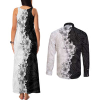 Hawaii Hibiscus Flowers Couples Matching Tank Maxi Dress and Long Sleeve Button Shirt Grayscale Polynesian Pattern LT05 - Polynesian Pride