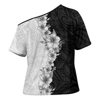 Hawaii Hibiscus Flowers Cross Shoulder Shirt Grayscale Polynesian Pattern LT05 - Polynesian Pride