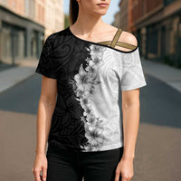 Hawaii Hibiscus Flowers Cross Shoulder Shirt Grayscale Polynesian Pattern LT05 - Polynesian Pride