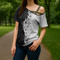 Hawaii Hibiscus Flowers Cross Shoulder Shirt Grayscale Polynesian Pattern LT05 - Polynesian Pride