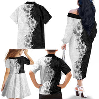 Hawaii Hibiscus Flowers Family Matching Off The Shoulder Long Sleeve Dress and Hawaiian Shirt Grayscale Polynesian Pattern