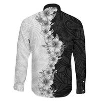 Hawaii Hibiscus Flowers Family Matching Off The Shoulder Long Sleeve Dress and Hawaiian Shirt Grayscale Polynesian Pattern