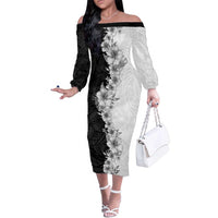 Hawaii Hibiscus Flowers Family Matching Off The Shoulder Long Sleeve Dress and Hawaiian Shirt Grayscale Polynesian Pattern