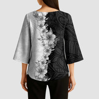 Hawaii Hibiscus Flowers Kimono Sleeve Blouse Grayscale Polynesian Pattern LT05 - Polynesian Pride