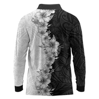 Hawaii Hibiscus Flowers Long Sleeve Polo Shirt Grayscale Polynesian Pattern LT05 - Polynesian Pride
