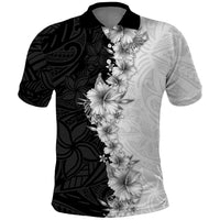 Hawaii Hibiscus Flowers Polo Shirt Grayscale Polynesian Pattern LT05 Black - Polynesian Pride
