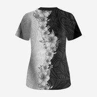 Hawaii Hibiscus Flowers Scrub Top Grayscale Polynesian Pattern LT05 - Polynesian Pride